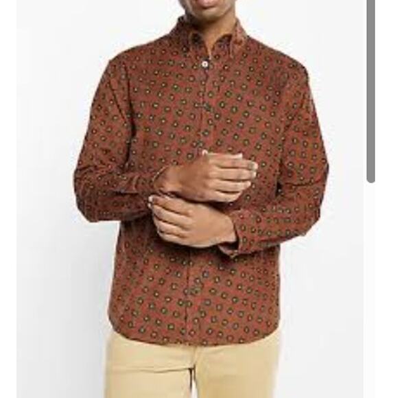 Express Orange Geo Print Corduroy Long Sleeve Button Down Shirt Men's Large - Picture 1 of 8